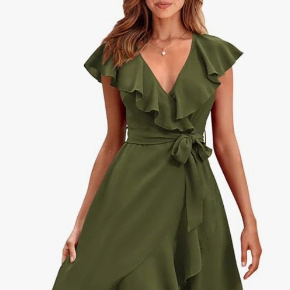 Olive Green- PRETTYGARDEN Midi Deep V Neck Ruffle Hem Dress. Size XL - Picture 1 of 8